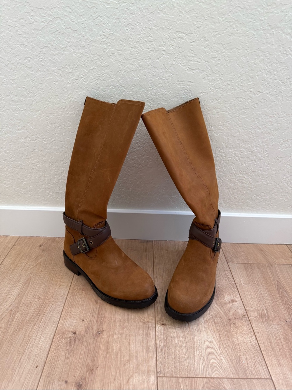 UGG Tall Tan-Brown Leather Riding Boots with Buckle Strap